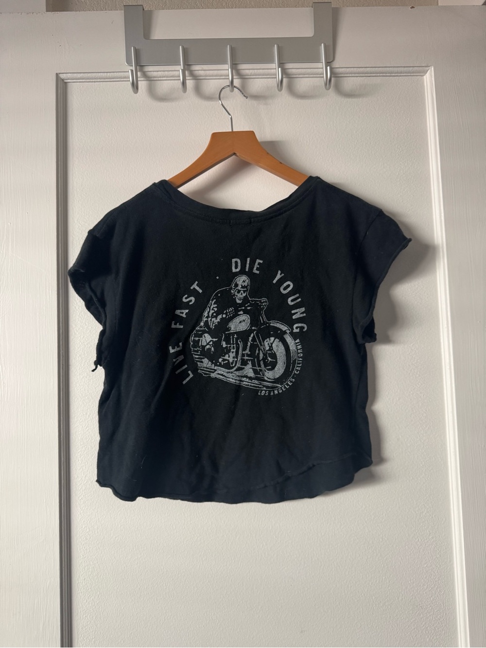 Brandy Melville John Galt "Live Fast Die Young" Motorcycle Crop Top